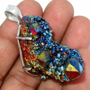 28g Treated Titanium Aura Spirit Quartz Sterling Silver Pendant  NEW Reiki